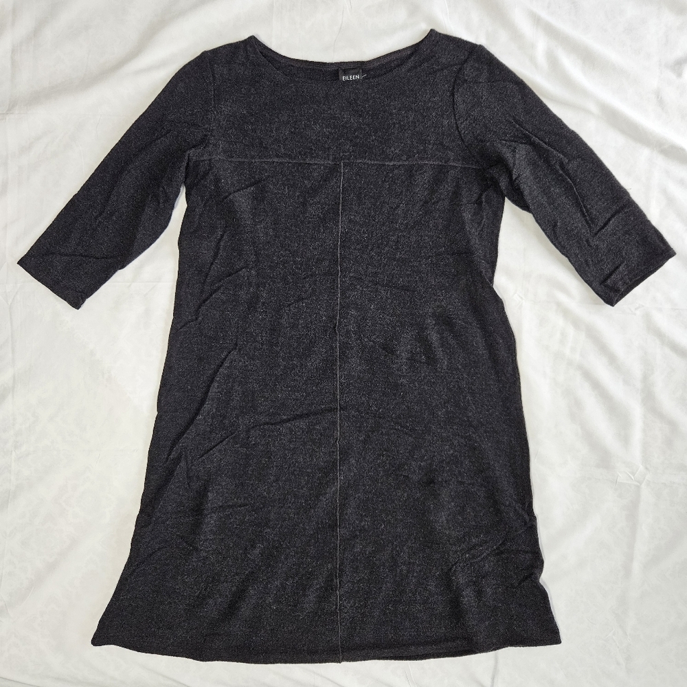 Eileen Fisher Womens M Charcoal Black Wool 3/4 Sleeve Reverse Seam Detail